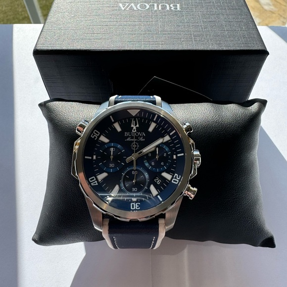 Bulova Marine Star Men's Quartz Chronograph Blue Leather 43mm Watch 96B287 - Picture 1 of 6